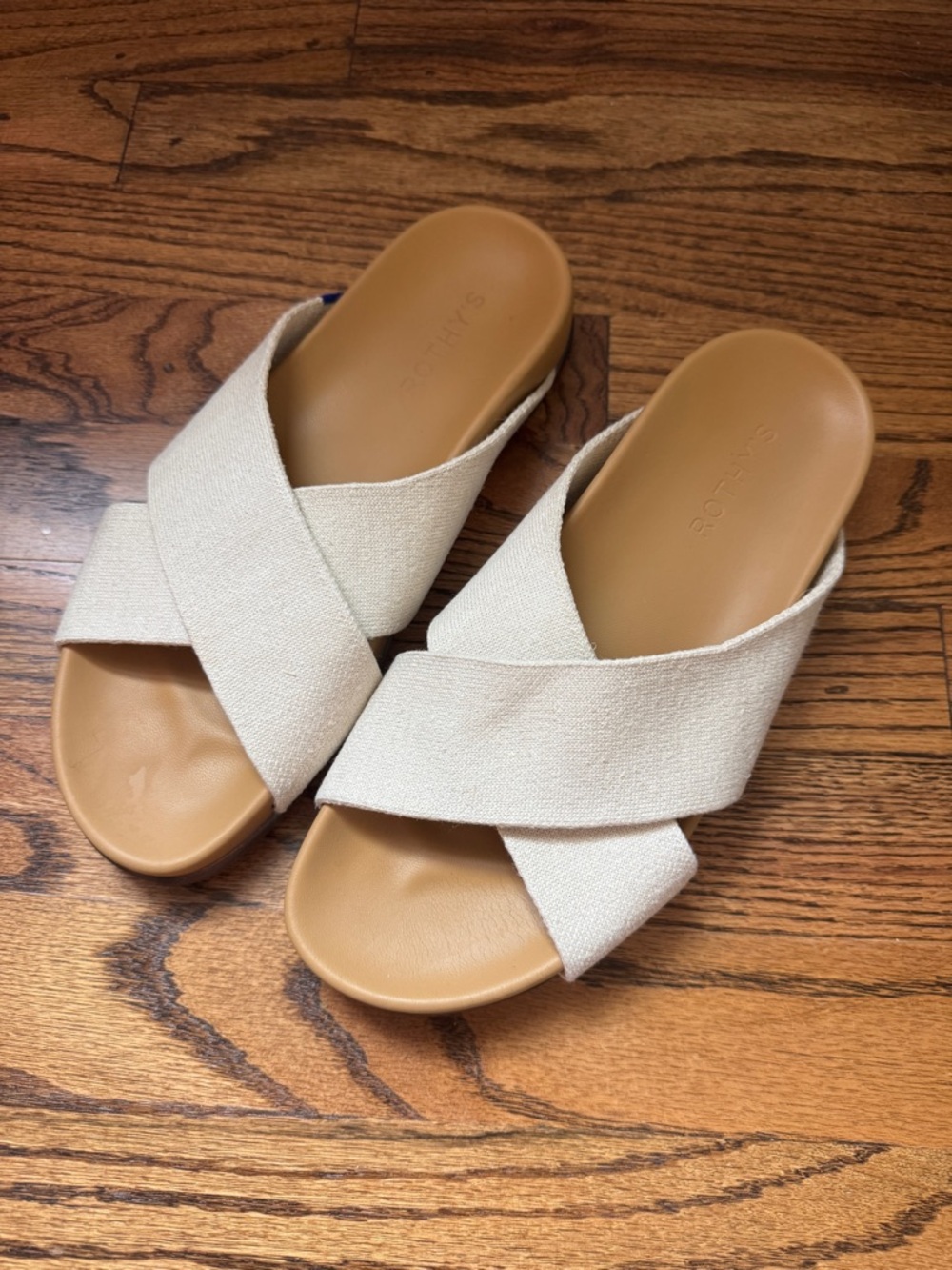 Rothy's the Weekend Slide Oat Cross-Band Slide Sandals with Tan Footbed